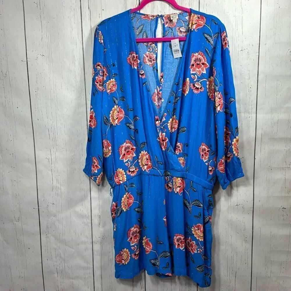 Loft Beach Blue Floral Wrap Romper Size L Boho Resort Lagenlook Coastal Beach